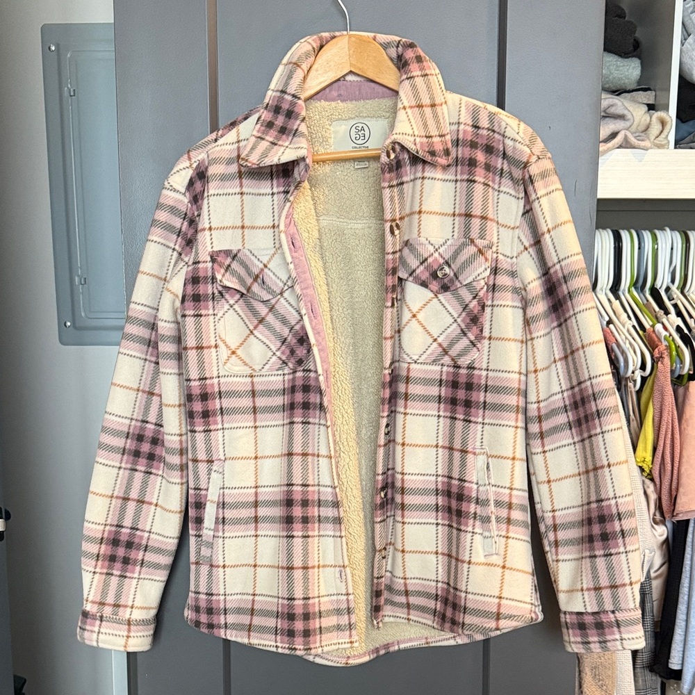 Sage Plaid Teddy Jacket in Pink and Cream